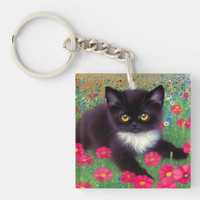 Gustav Klimt Tuxedo Cat Keychain (Front)