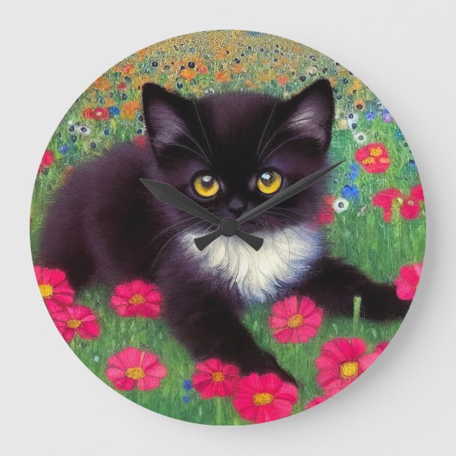 Gustav Klimt Tuxedo Cat Large Clock (Front)