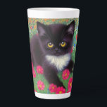 Gustav Klimt Tuxedo Cat Latte Mug<br><div class="desc">Latte Mug featuring a Gustav Klimt tuxedo cat! This adorable black and white kitty sits in a field of red,  blue,  white,  and orange flowers. An awesome gift for cat lovers and Austrian art enthusiasts!</div>