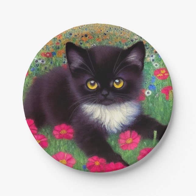 Gustav Klimt Tuxedo Cat Paper Plates (Front)