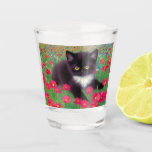 Gustav Klimt Tuxedo Cat Shot Glass<br><div class="desc">Shot Glass featuring a Gustav Klimt tuxedo cat! This adorable black and white kitty sits in a field of red,  blue,  white,  and orange flowers. An awesome gift for cat lovers and Austrian art enthusiasts!</div>