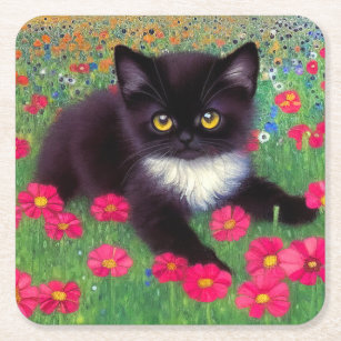 Gustav Klimt Tuxedo Cat Square Paper Coaster