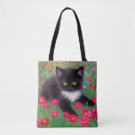 Gustav Klimt Tuxedo Cat Tote Bag<br><div class="desc">Tote Bag featuring a Gustav Klimt tuxedo cat! This adorable black and white kitty sits in a field of red,  blue,  white,  and orange flowers. An awesome gift for cat lovers and Austrian art enthusiasts!</div>