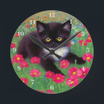 Gustav Klimt Tuxedo Cat with White Clock Numbers<br><div class="desc">Clock featuring a Gustav Klimt tuxedo cat! This adorable black and white kitty sits in a field of red,  blue,  white,  and orange flowers. An awesome gift for cat lovers and Austrian art enthusiasts!</div>