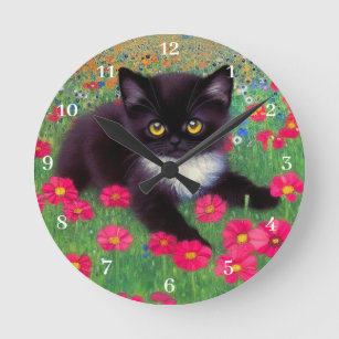 Gustav Klimt Tuxedo Cat with White Clock Numbers