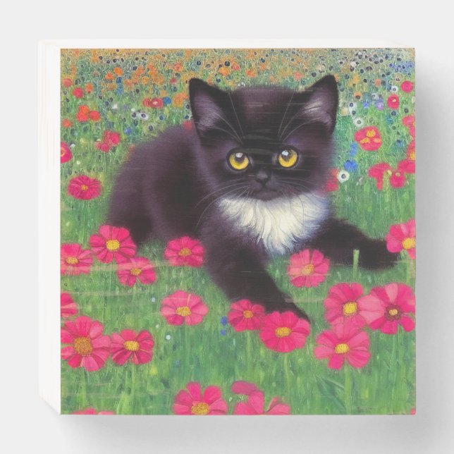 Gustav Klimt Tuxedo Cat Wooden Box Sign (Front Horizontal)