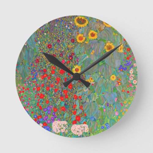 Gustav Klimts Farm Garden with Sunflowers    Round Clock