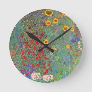 Gustav Klimt's Farm Garden with Sunflowers Round Clock