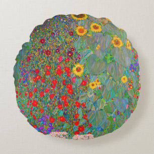 Gustav Klimt's Farm Garden with Sunflowers Round Pillow