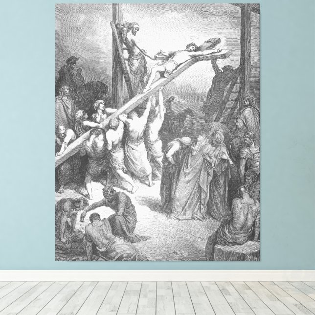 Gustave Doré - Luke 23B The Cross is Lifted Up Canvas Print (Insitu(Wood Floor))