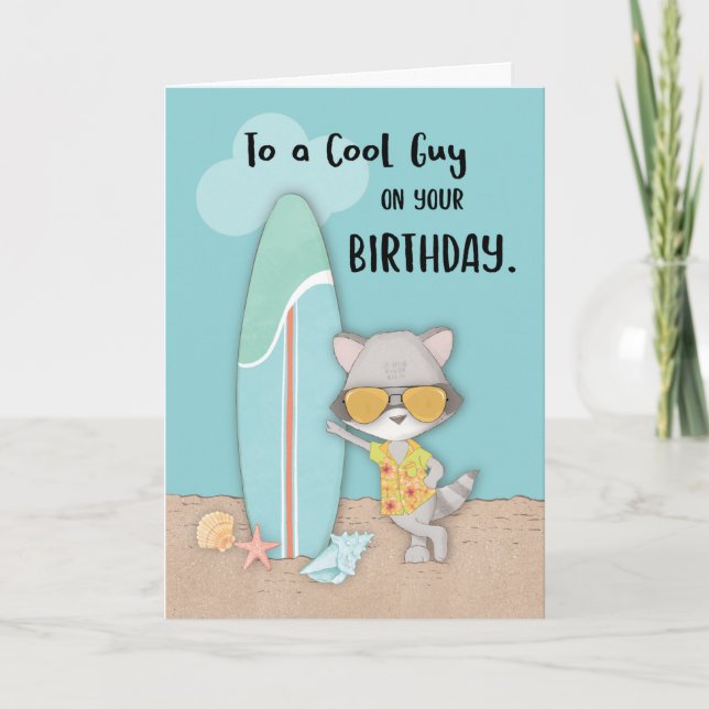 Guy Birthday Beach Funny Cool Raccoon Card (Front)