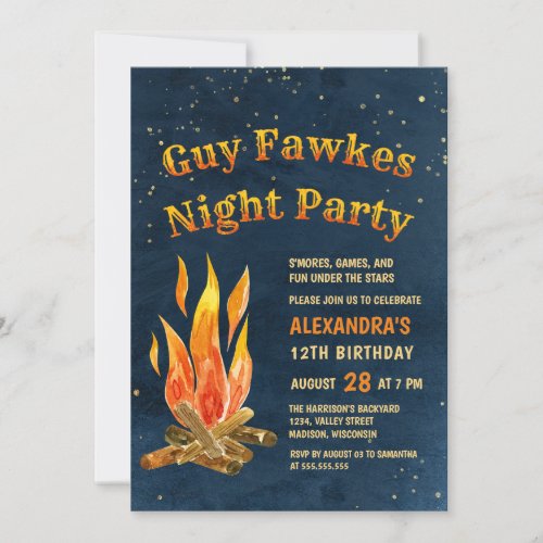 Guy Fawkes Night Party Bonfire Birthday Invitation