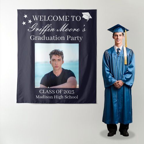 Guy Grad Modern Graduate Custom Photo Welcome Sign Tapestry
