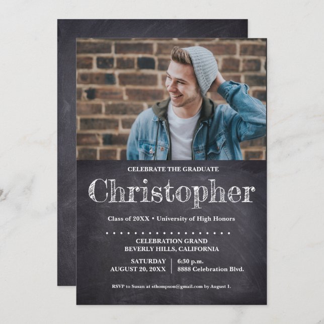 Guy Graduation Party Photo Chalkboard Invitation (Front/Back)