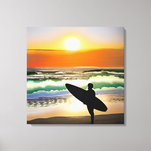 Guy on Beach with Surf Board Sunset Canvas Print