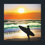 Guy on Beach with Surf Board Sunset Canvas Print<br><div class="desc">Surfer standing on the ocean shore at sunset AI art.</div>