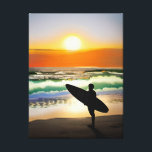 Guy on Beach with Surf Board Sunset Canvas Print<br><div class="desc">Surfer standing on the ocean shore at sunset AI art.</div>
