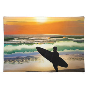 Guy on Beach with Surf Board Sunset Cloth Placemat