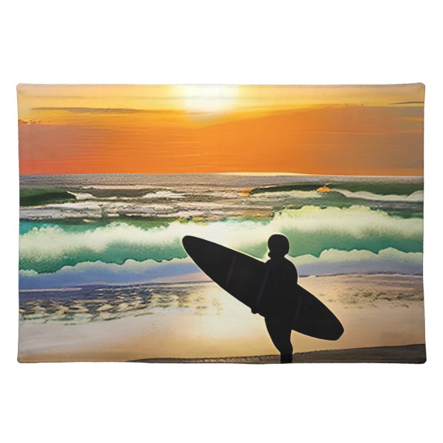 Guy on Beach with Surf Board Sunset Cloth Placemat (Front)