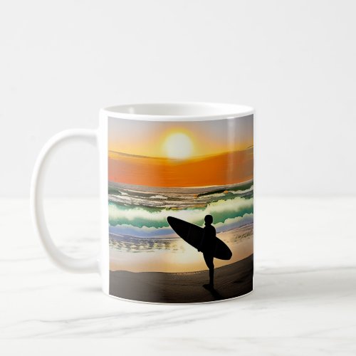 Guy on Beach with Surf Board Sunset Coffee Mug