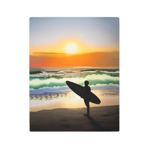 Guy on Beach with Surf Board Sunset Metal Print