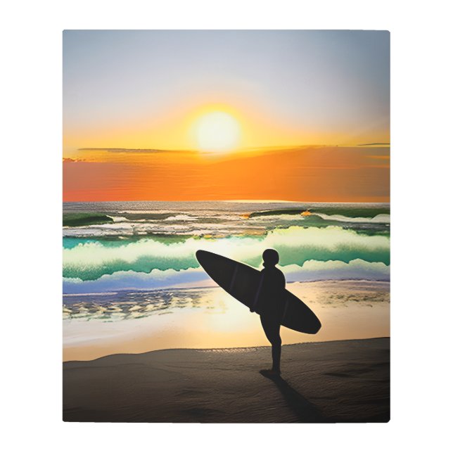 Guy on Beach with Surf Board Sunset Metal Print (Front)