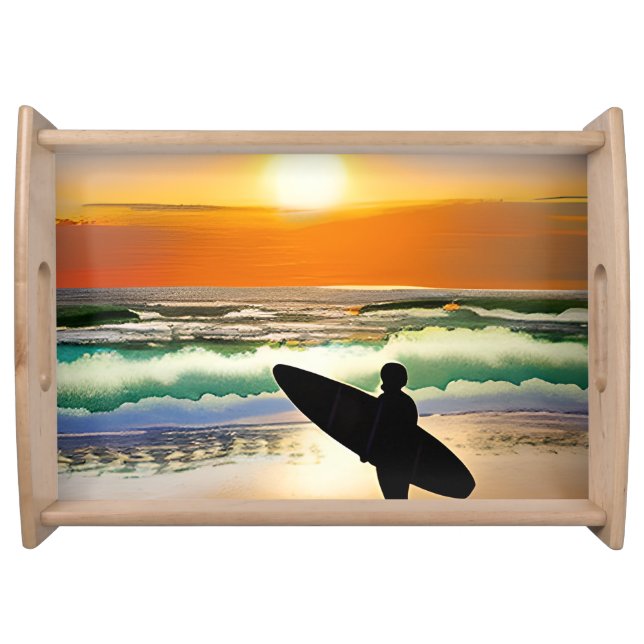 Guy on Beach with Surf Board Sunset Serving Tray (Front)