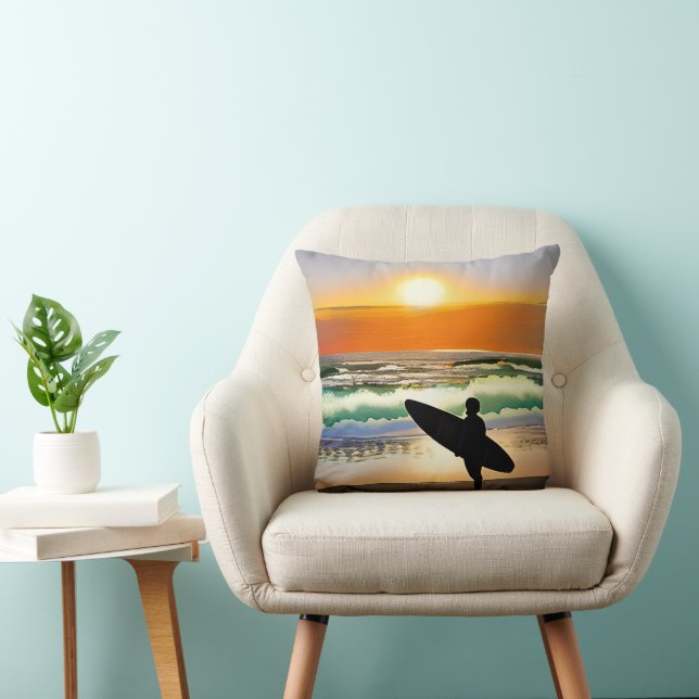 Guy on Beach with Surf Board Sunset Throw Pillow (Chair)