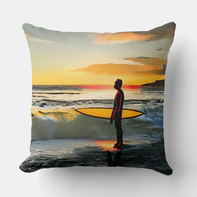 Guy on Beach with Surf Board Sunset Throw Pillow (Front)