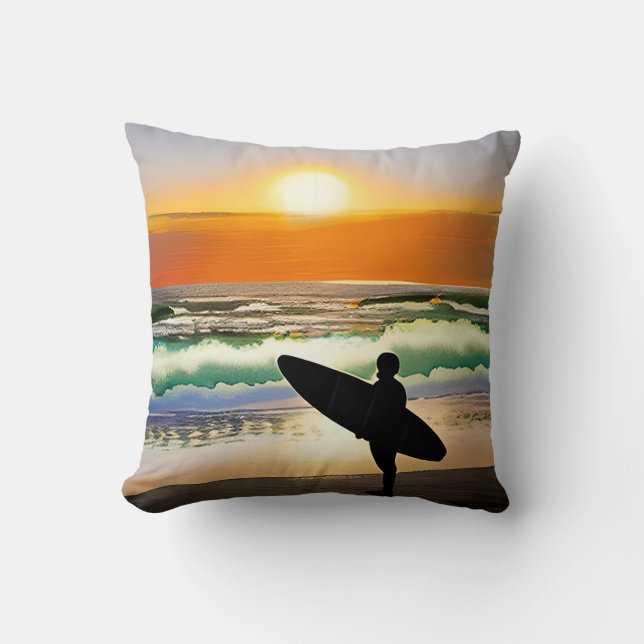Guy on Beach with Surf Board Sunset Throw Pillow (Front)