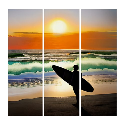 Guy on Beach with Surf Board Sunset Triptych