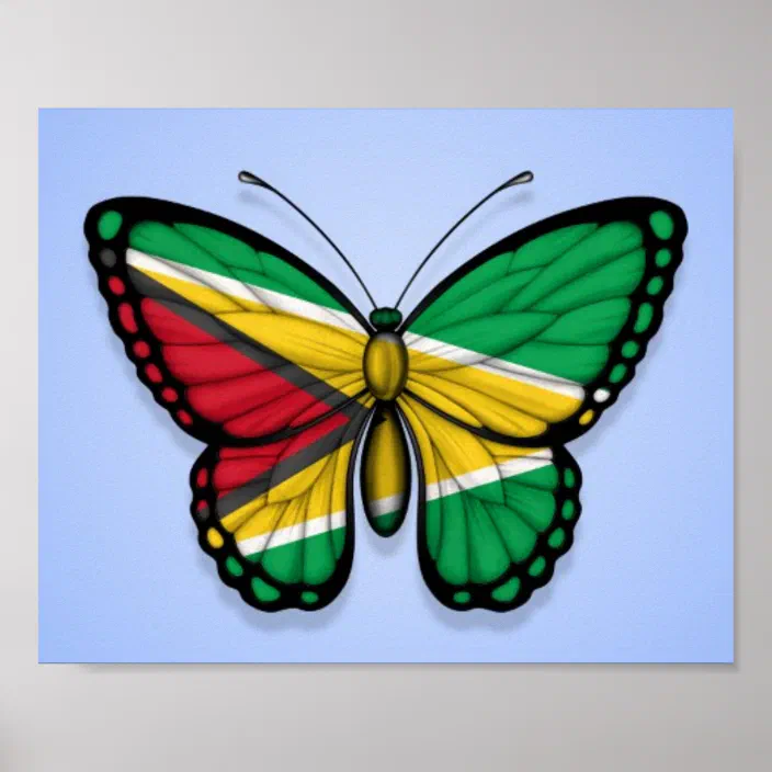 Guyana Butterfly Flag On Blue Poster Zazzle Com