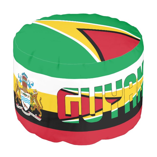 Guyana Flag and Coat of Arms Patriotic Round Pouf  (Angled Front)