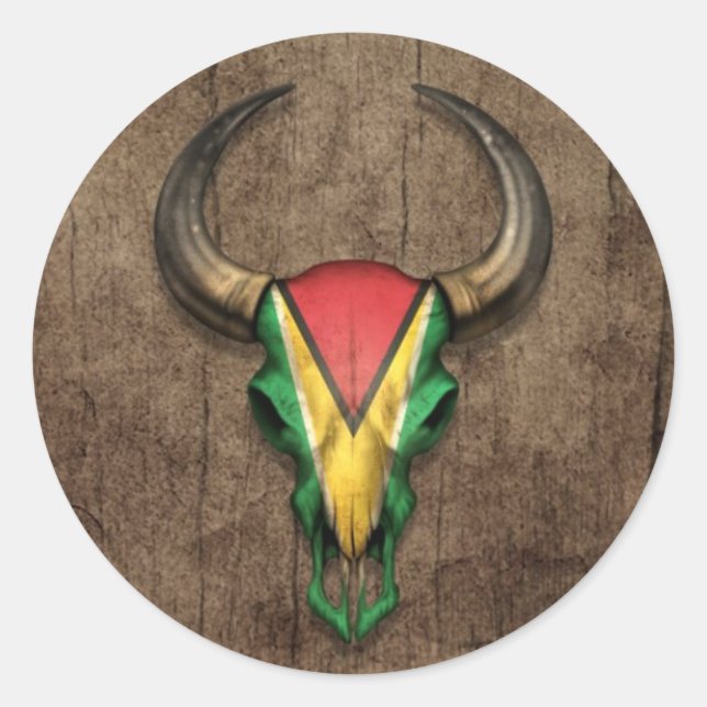 Guyana Flag Bull Skull on Wood Effect Classic Round Sticker (Front)
