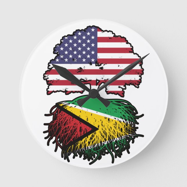 Guyana Guyanese American USA Tree Roots Flag Round Clock (Front)
