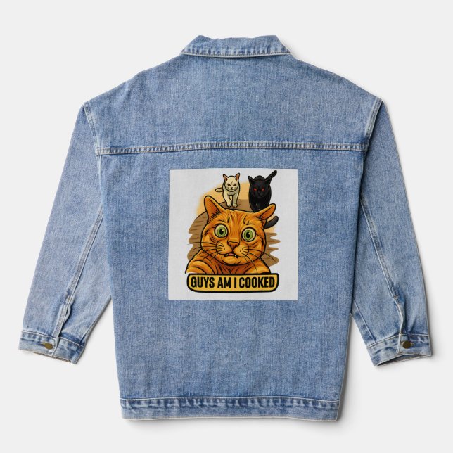 Guys Am I Cooked? Funny Cat Meme Panic Reaction Denim Jacket (Back)