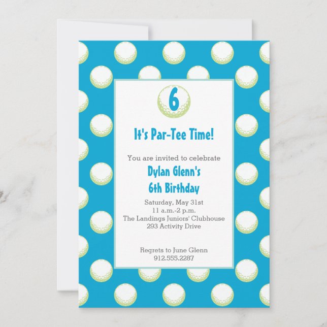 Guys Golf Ball Party Invite- Lime Green and Blue Invitation (Front)