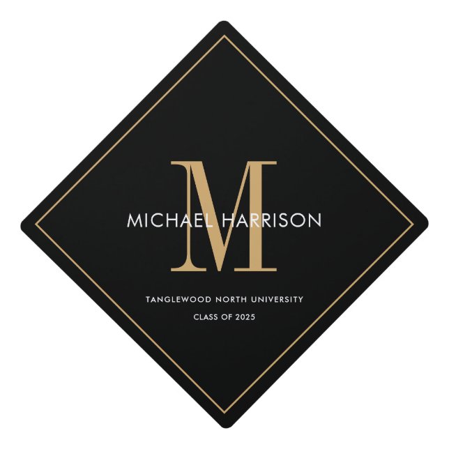 Guy's Script Gold Serif Monogram Black Graduation Cap Topper (Front)