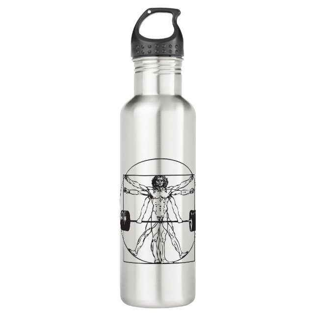 Gym Barbell Deadlift - Vitruvian Man Stainless Steel Water Bottle (Front)