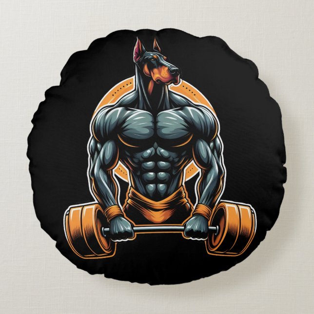 GYM doberman dog bodybuilder powerlifter Round Pillow (Front)