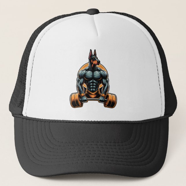 GYM doberman dog bodybuilder powerlifter Trucker Hat (Front)