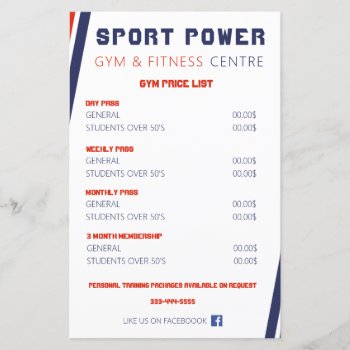 Gym & Fitness Centre Power Sport Price List by paplavskyte at Zazzle