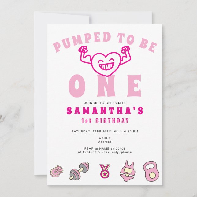 Gym Fitness Execise One Strong Girl 1st Birthday Invitation (Front)