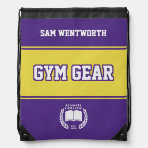 Gym Gear Purple Yellow College University Varsity Drawstring Bag