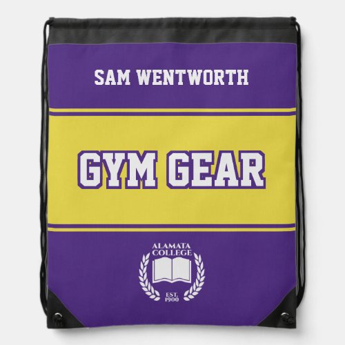 Gym Gear Purple Yellow College University Varsity Drawstring Bag