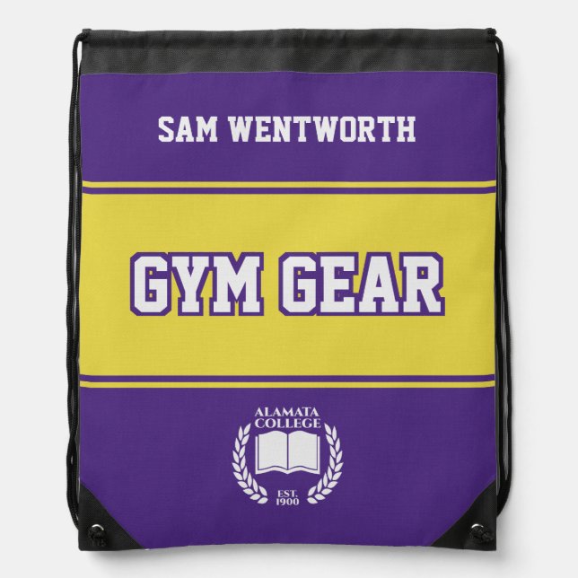 Gym Gear Purple Yellow College University Varsity Drawstring Bag (Front)