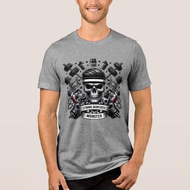 Gym Monster Skull Bodybuilding Motivation Art Tri-Blend Shirt (Front)