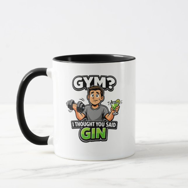 Gym or Gin Funny Cartoon Workout Humor Mug (Left)