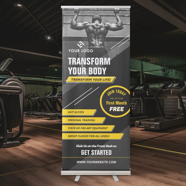 Gym Photo Black & Yellow Logo Workout Promotional Retractable Banner (Masculine black and yellow gym banner design with large photo, your logo and custom offer)