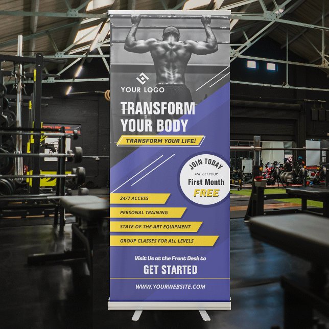 Gym Photo Blue & Yellow Logo Fitness Promotional Retractable Banner (Professional fitness workouts marketing pull up sign with photo in blue and yellow)